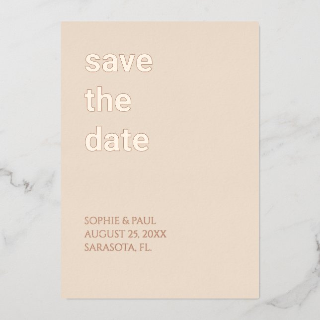 Strohbeige Save the Date Rose Gold Folieneinladung (Vorderseite)