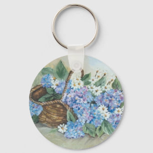 Strohkorb mit blauen Hydrangeas und weißem Korb Schlüsselanhänger