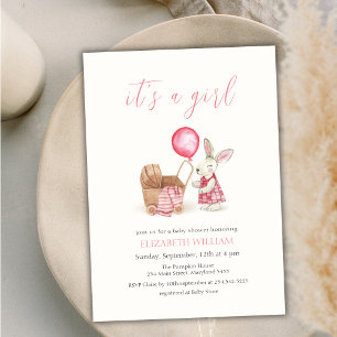 Stroller Bunny Balloon Girl Baby Shower Einladung