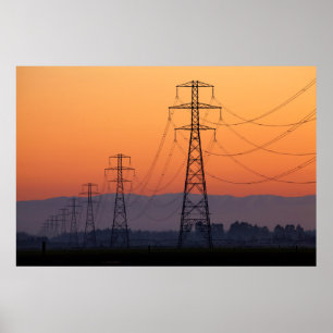 Strommasten bei Sonnenuntergang Poster