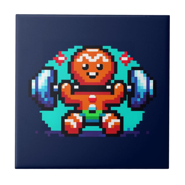 Strong Gingerbrot Man - Funny Pixel Art Holiday Fliese (Vorderseite)