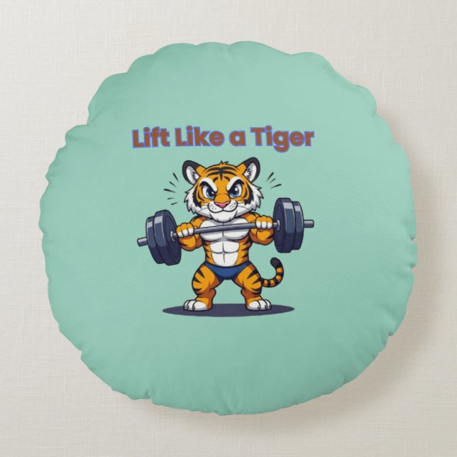 **Strong Tiger – Cute Tiger Lifting Weights Illust Rundes Kissen (Vorderseite)