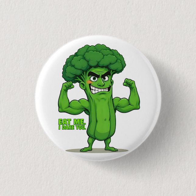 Strong Veggies Club Flexing Broccoli Funny Cartoon Button (Vorderseite)