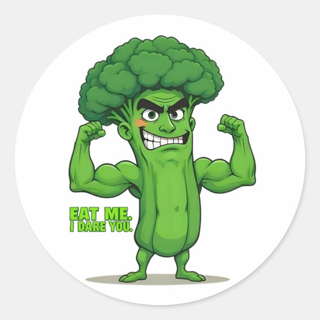 Strong Veggies Club Flexing Broccoli Funny Cartoon Runder Aufkleber (Vorderseite)
