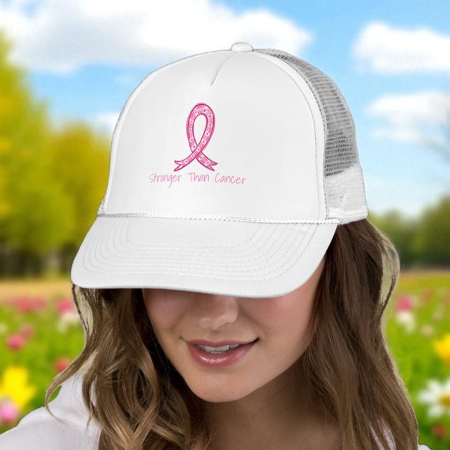 Stronger Than Cancer Pink Ribbon Support Gift Truckerkappe (Von Creator hochgeladen)