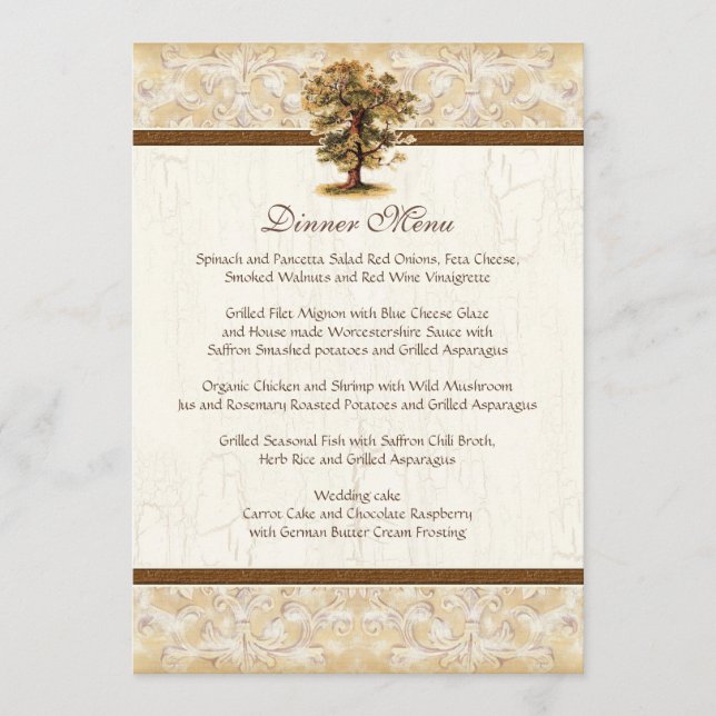 Strudel-Baum-Wurzeln Antiqued Pergament-Hochzeit Menükarte (Vorderseite)