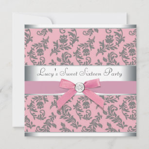 Strudel-Damast-Rosa und graues Party des Bonbon-16 Einladung