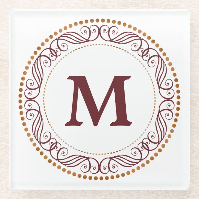 Strudel-Rahmen-Rot-Monogramm Glasuntersetzer (Vorderseite)