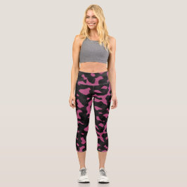 Strukturiertes rosa und schwarzes Tarno-Abstrakt Capri Leggings