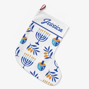 Strumpf White and Blue Menorah & Dreidel Hanukkah Großer Weihnachtsstrumpf