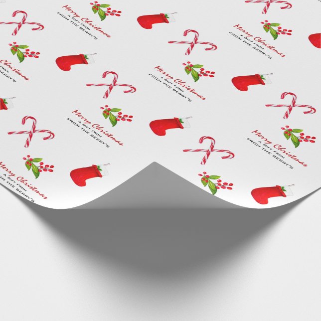 Strumpf, Zuckerrohr und Holly-Beeren Weihnachten Geschenkpapier (Ecke)