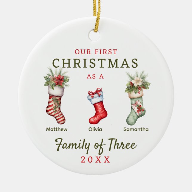 Strümpfe Familie der drei ersten Weihnachten Keramik Ornament (Vorne)