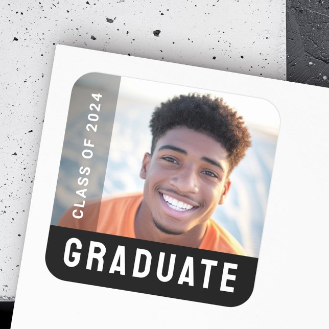 Student Abschluss Modernes schwarzes Foto Quadratischer Aufkleber (Student graduation modern black photo square sticker)