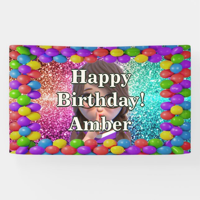 Student Girl Personalisierter Charakter Geburtstag Banner (Horizontal)
