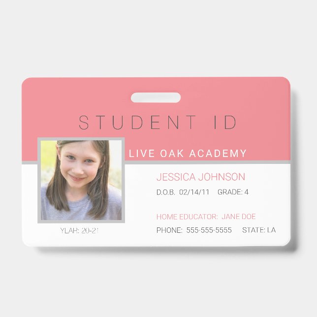Studentenausweis Abzeichen | Modernes Rosa Ausweis (Vorderseite)