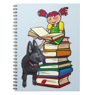Studie Buddy GSD Puppy & School Girl on Books Notizblock