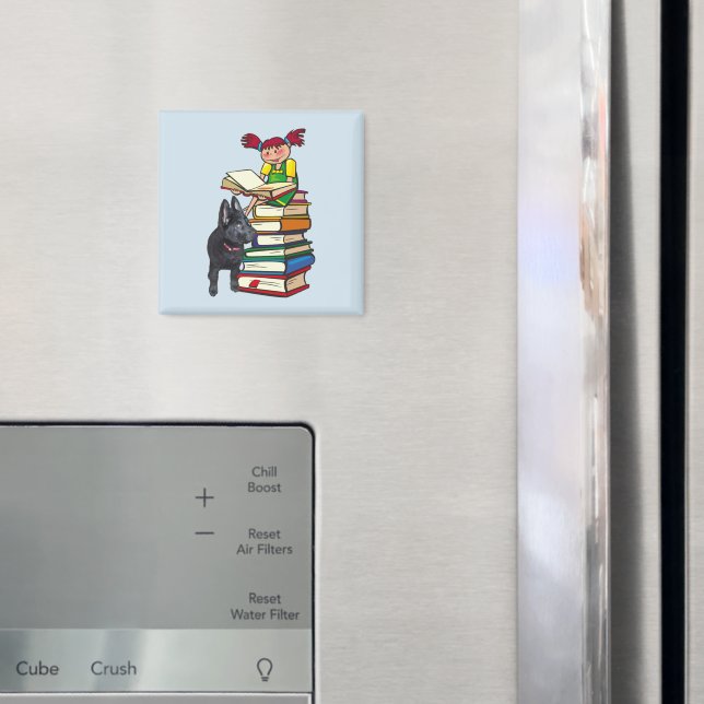 Studie Buddy Puppy mit School Girl on Books, ZKOA Magnet (In Situ (Kühlschrank))