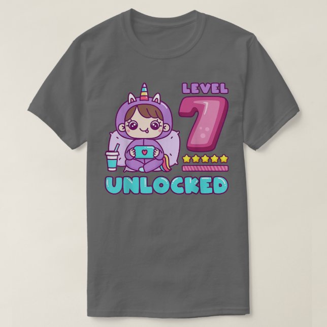 Stufe 7 Unverschlossen, Einhorn Gamer Girl Geburts T-Shirt (Design vorne)