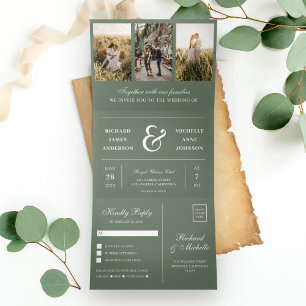 Stufe Grüner Minimalwert 3 in 1 Foto Collage Weddi Dreifach Gefaltete Einladung