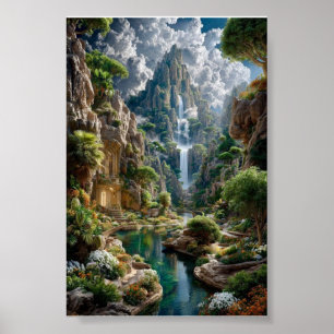 Stufenförmige Wasserfall-Fantasieberg – Altes Schl Poster