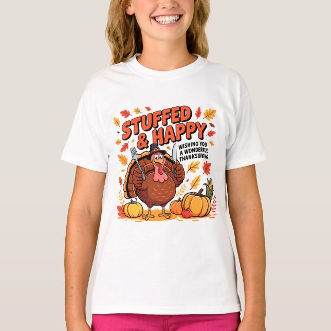 Stuffed and Happy Funny Thanksgiving T-Shirt (Vorderseite)