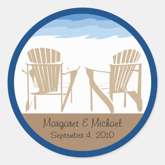 Stühle aus Blue und Tan Adirondack | Hochzeit Runder Aufkleber (Vorderseite)
