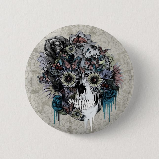 Stummer, Sonnenblumeschädeldamast Button (Vorderseite)