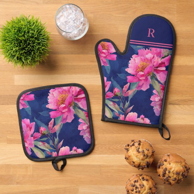 Stunning Pink Floral Bloom Monogrammed Ofenhandschuh & Topflappen-Set (Oben Unten)
