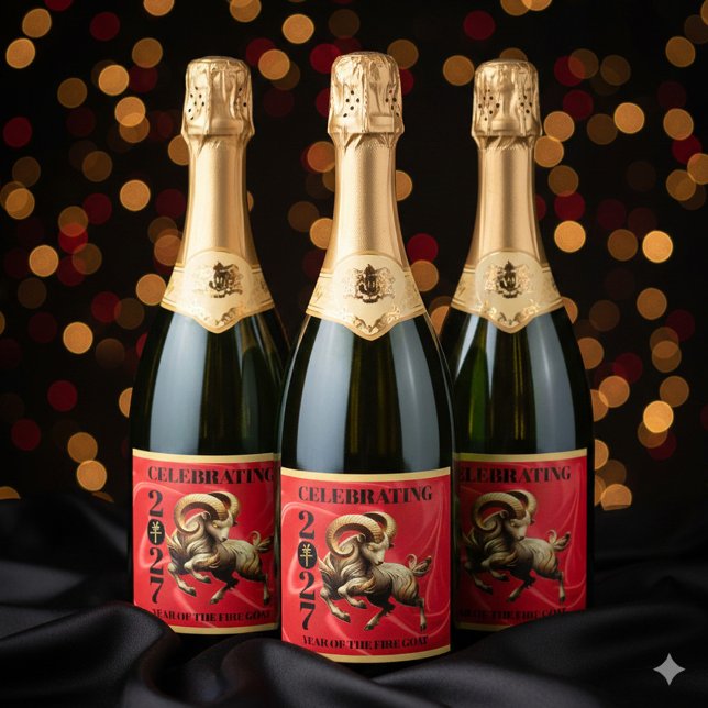 Stunning Red Gold Chinese Year of Fire Goat 2027 (Stunning Red & Gold Chinese Year of the Fire Goat 2027 Sparkling Wine Labels Cover Photo)