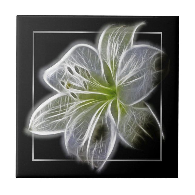 Stunning White Lily Fractal Art Black Fliese (Vorderseite)