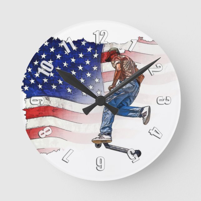 Stunt Scooter Rider et US Flag Horloge ronde (Recto)