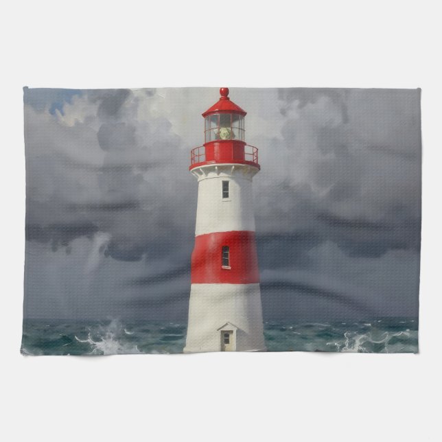 Stürmischer roter Leuchtturm an der Küste  Geschirrtuch (Horizontal)