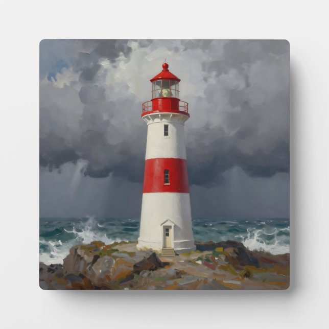 Stürmischer roter Leuchtturm Küste  Fotoplatte (Vorderseite)