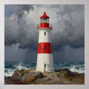 Stürmischer roter Leuchtturm Küste Poster