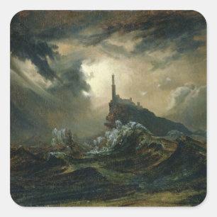 Stürmisches Meer mit Leuchtturm Quadratischer Aufkleber