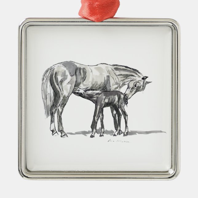 Stute und Fohlen Silbernes Ornament (Vorne)