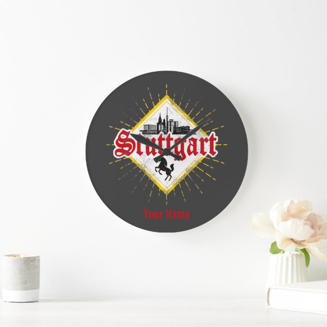 Stuttgart City Germany Retro Skyline Vintag Große Wanduhr (Zuhause)