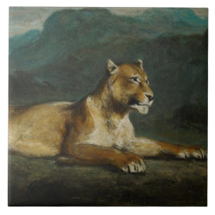 Stützende Löwin, c.1855 (Öl auf Platte) Fliese