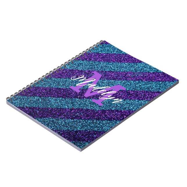 Styilsh Blau & Violett Glitter Monogramm Name  Notizblock (Linke Seite)