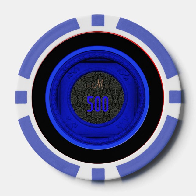 Styled Frame Damask 500 Monogram Blue Poker Chips (Vorderseite)