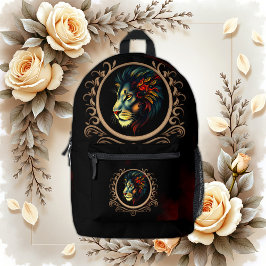 Styliertes Lion Head Portrait in Mandala Frame Bedruckter Rucksack
