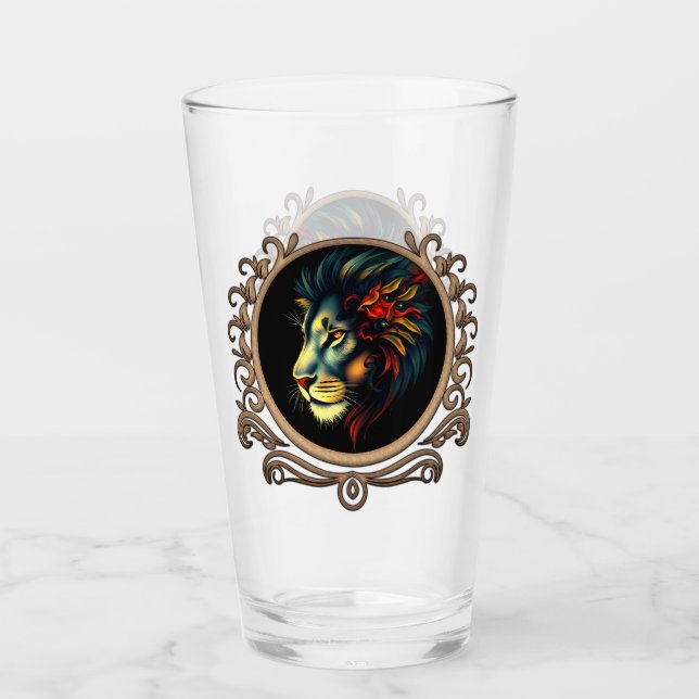 Styliertes Lion Head Portrait in Mandala Frame Glas (Vorderseite)
