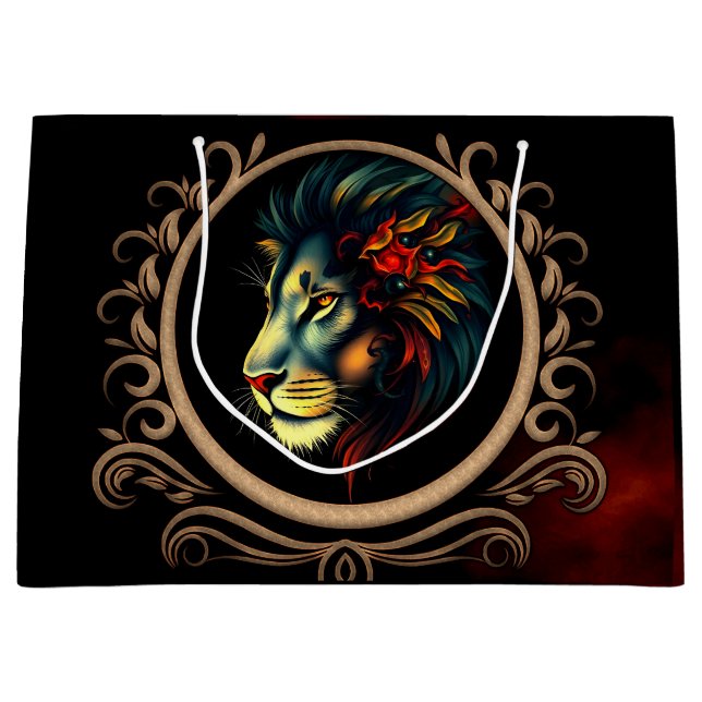 Styliertes Lion Head Portrait in Mandala Frame Große Geschenktüte (Vorderseite)
