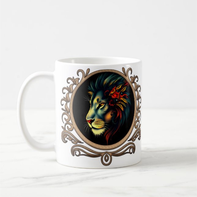Styliertes Lion Head Portrait in Mandala Frame Kaffeetasse (Links)