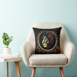 Styliertes Lion Head Portrait in Mandala Frame Kissen