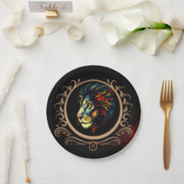 Styliertes Lion Head Portrait in Mandala Frame Pappteller
