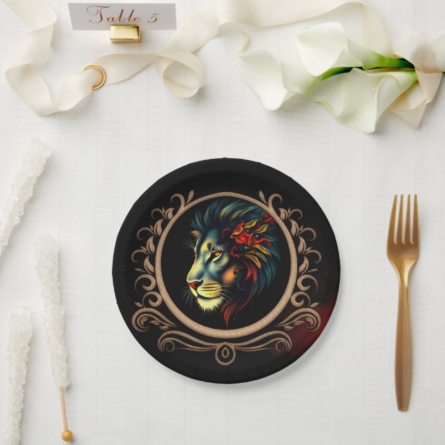Styliertes Lion Head Portrait in Mandala Frame Pappteller (Hochzeit)