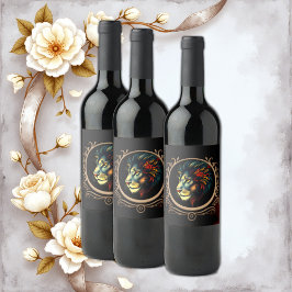 Styliertes Lion Head Portrait in Mandala Frame Weinetikett