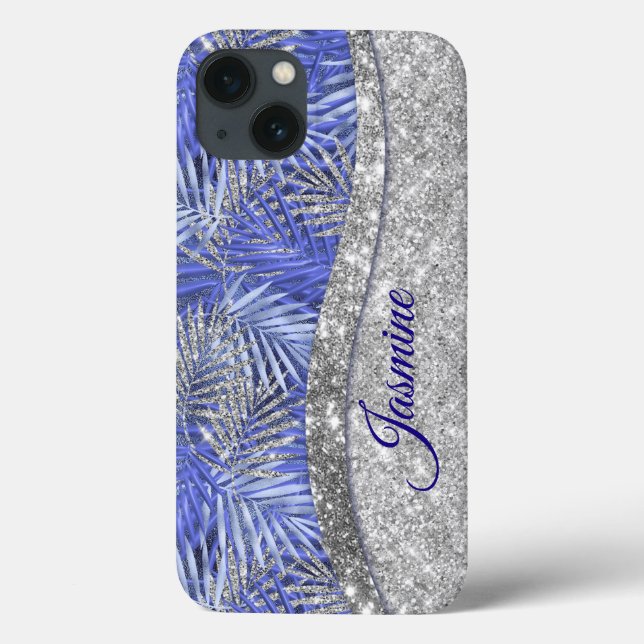 stylisch blaue lila silberne Glitzer Blätter monog Case-Mate iPhone Hülle (Rückseite)