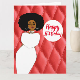 Stylische afrokräuselige afroamerikanische Dame zu Karte